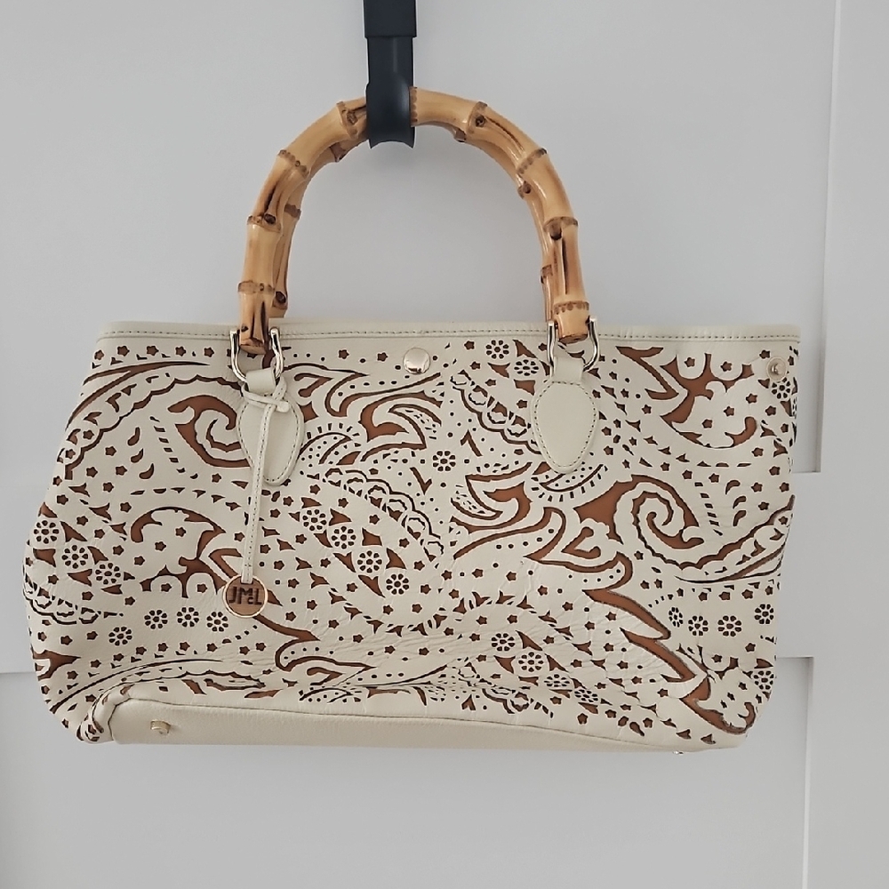Cream Laser-Cut Tote Bag with Bamboo Handles